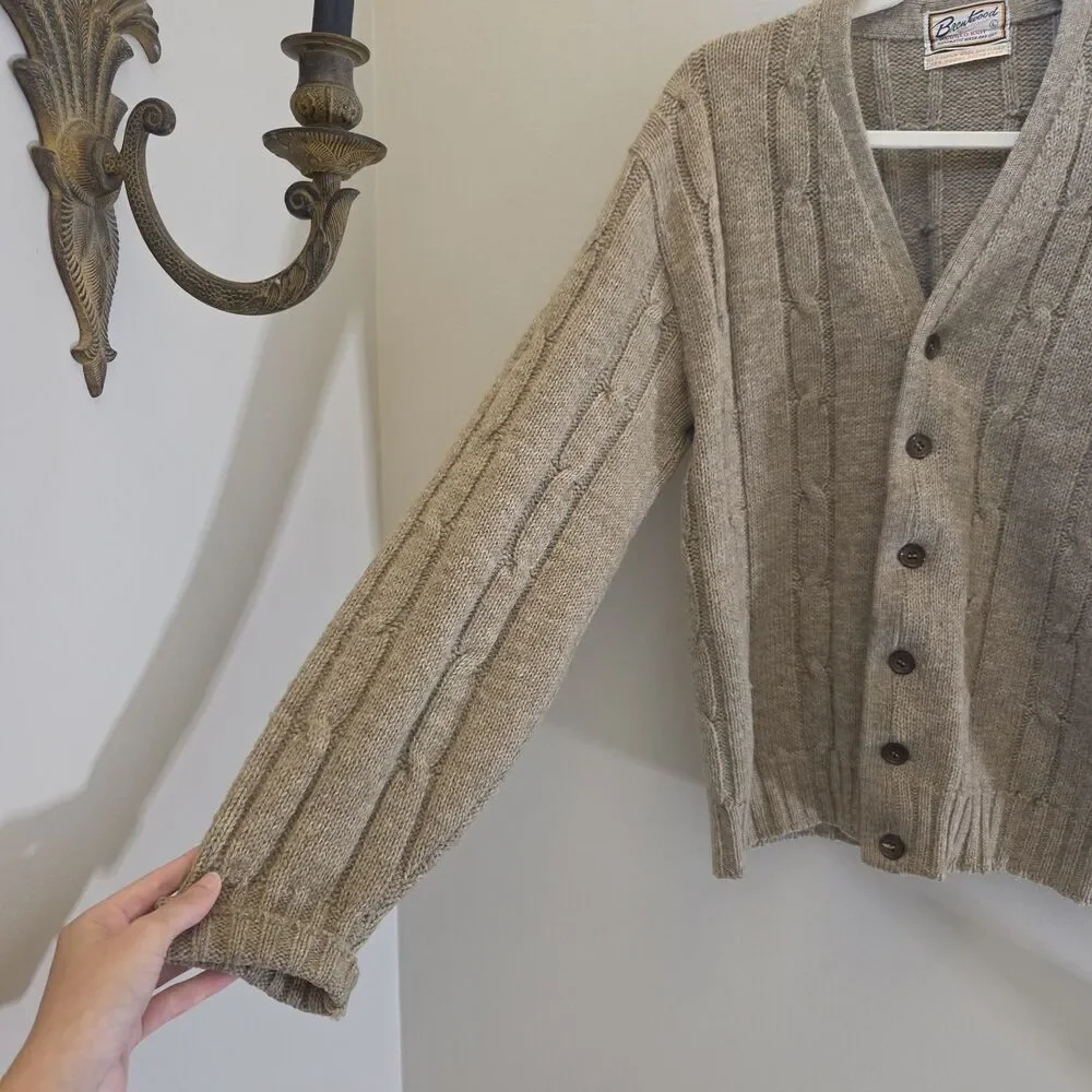 Vtg 50s/60s Brentwood Cable Knit Brown Cardigan Sweater Wool Blend Academia Lg
